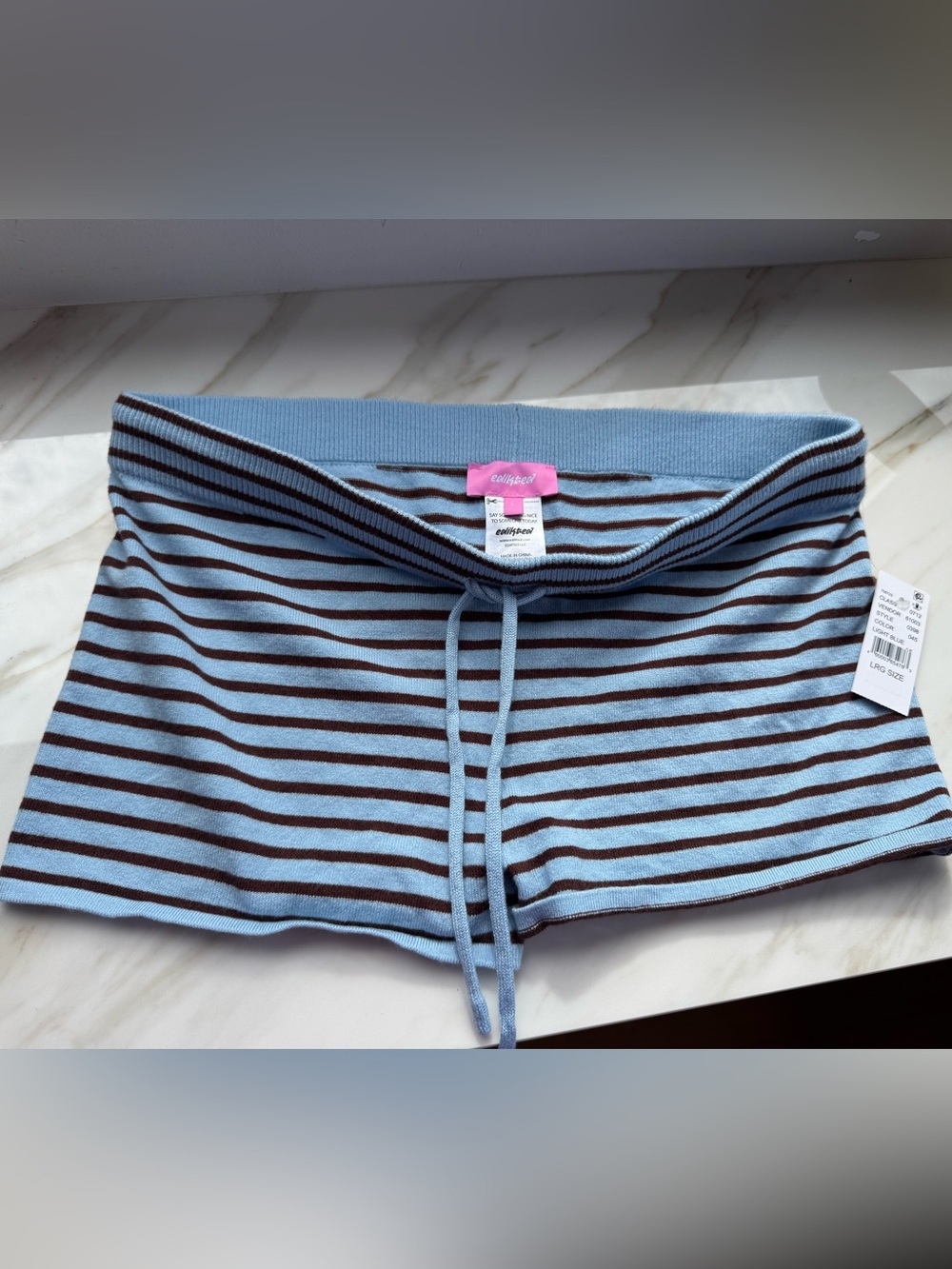 Edikted Light Blue & Brown Striped Knit Drawstring Shorts